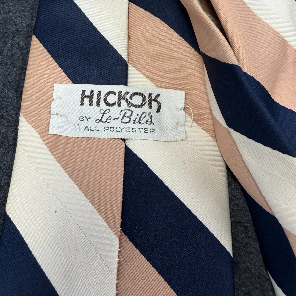 Vtg Hickok by Le-Bils 70s Mod Striped Mens Tie Navy Blue Peach Cream Polyester